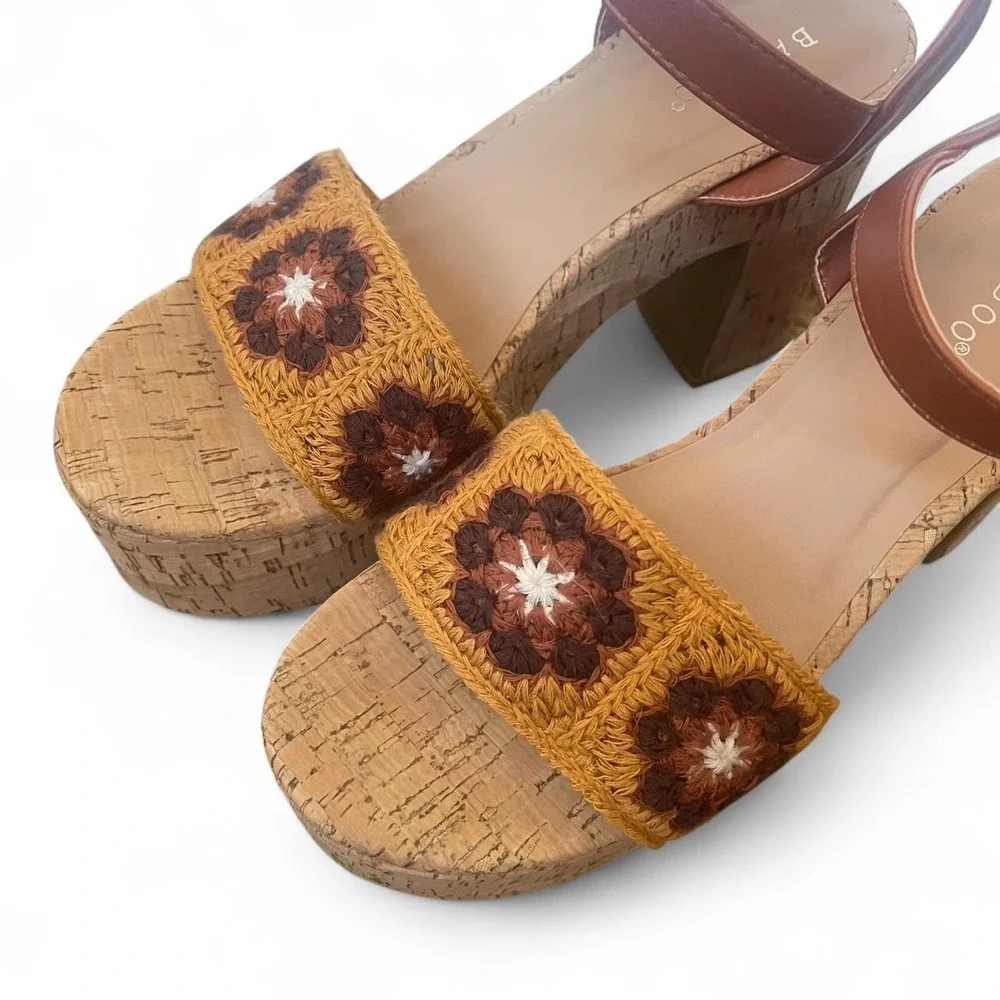 Bamboo Crochet Floral Cork Platform Sandals Brown Mustard Boho Block Heel 41